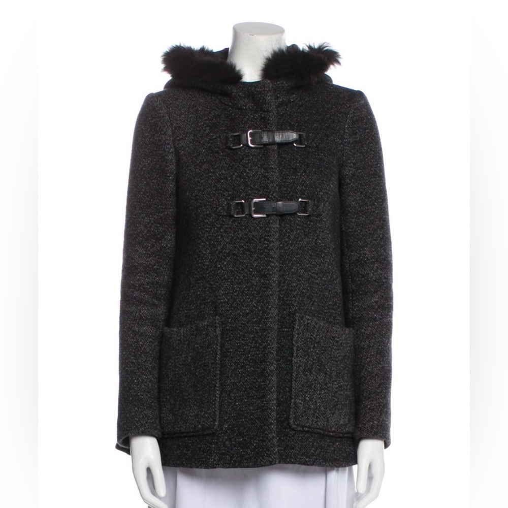 MAJE Fur Wool Grey Black Leather Hoodie Coat Size M